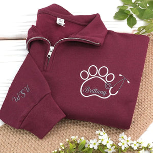 Personalized Paw Print & Name Quarter Zip Sweatshirt, Custom Embroidered Vet Week Gift for Veterinarians
