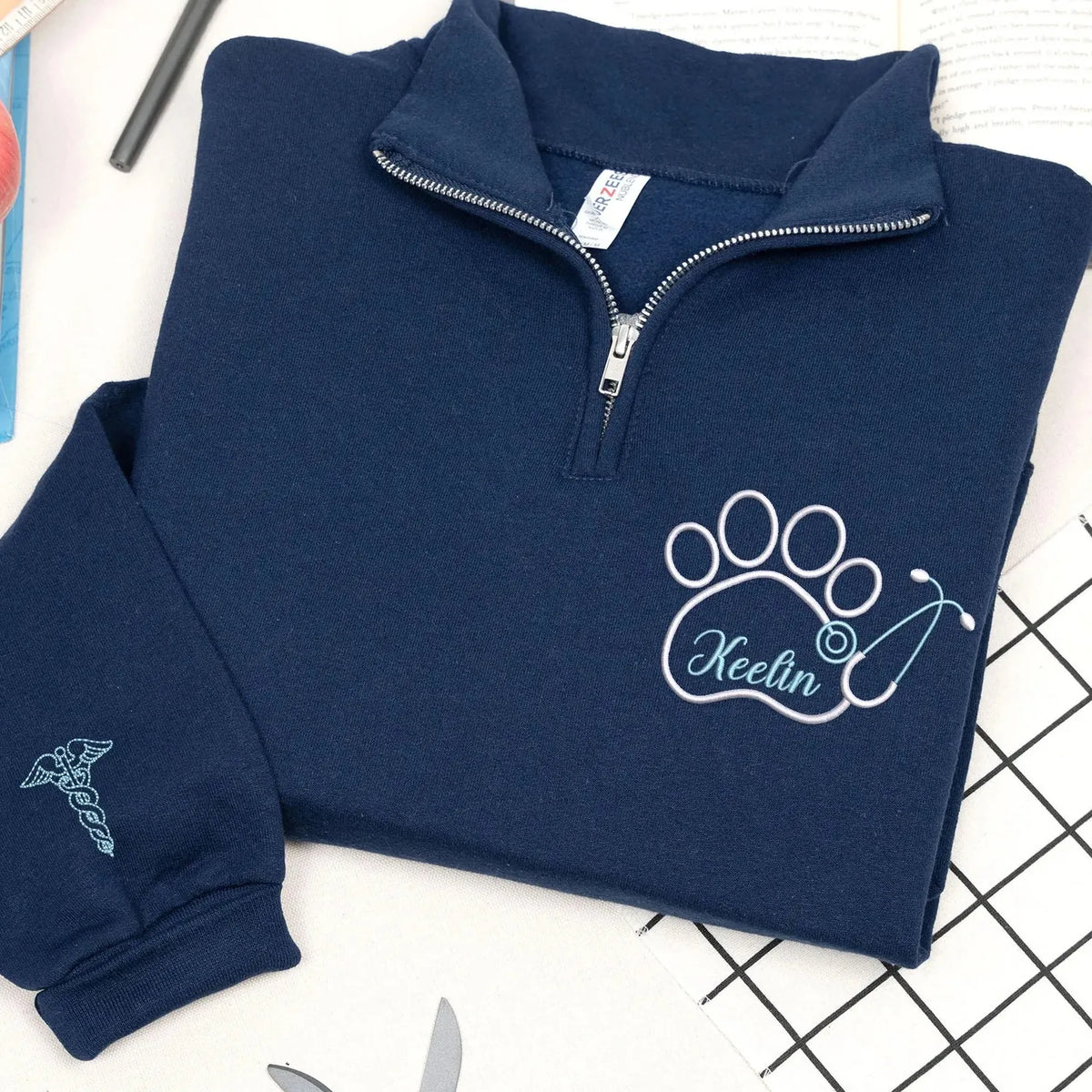 Personalized Paw Print & Name Quarter Zip Sweatshirt, Custom Embroidered Vet Week Gift for Veterinarians