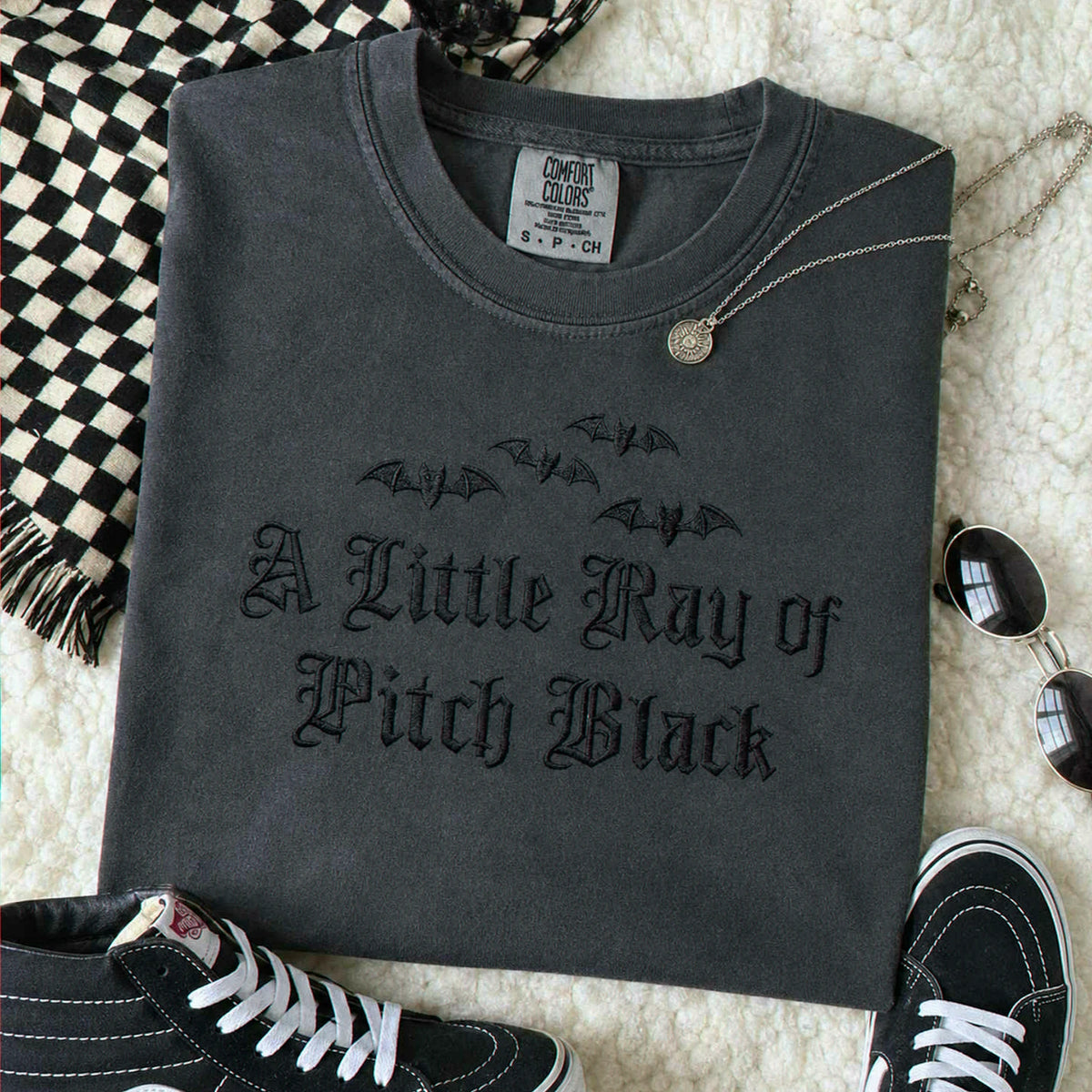 A Little Ray of Pitch Black Gothic Halloween Tee, Embroidered Spooky Season T-Shirt, Funny Halloween Gift