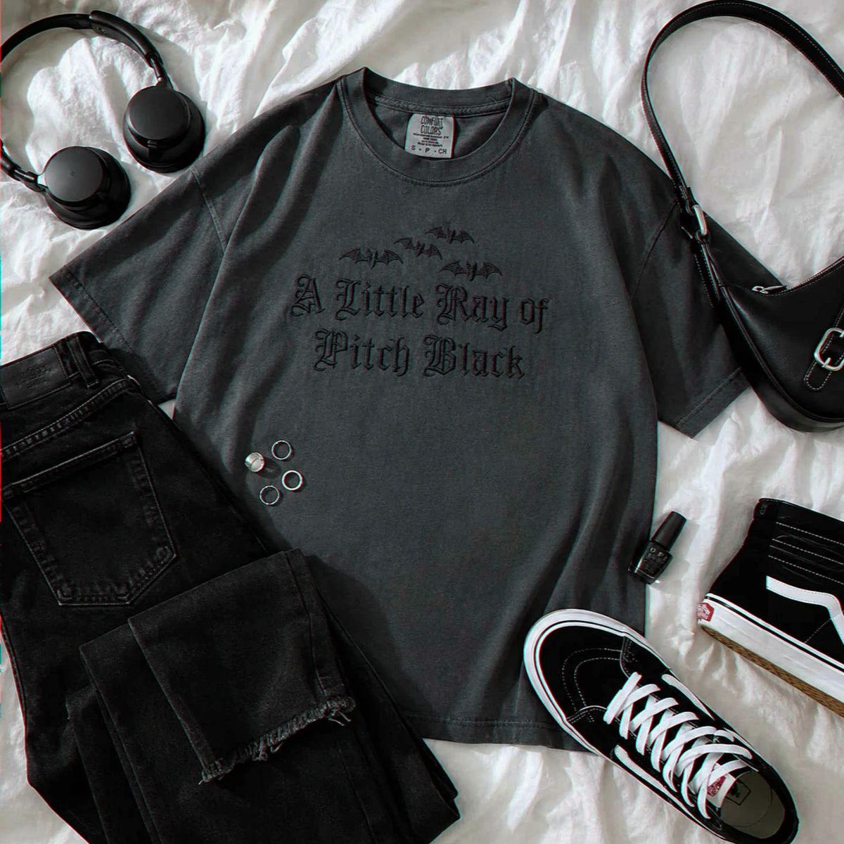 A Little Ray of Pitch Black Gothic Halloween Tee, Embroidered Spooky Season T-Shirt, Funny Halloween Gift