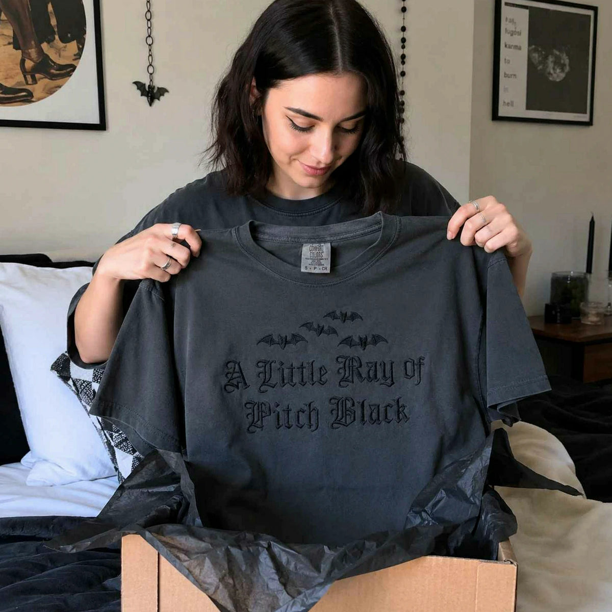 A Little Ray of Pitch Black Gothic Halloween Tee, Embroidered Spooky Season T-Shirt, Funny Halloween Gift