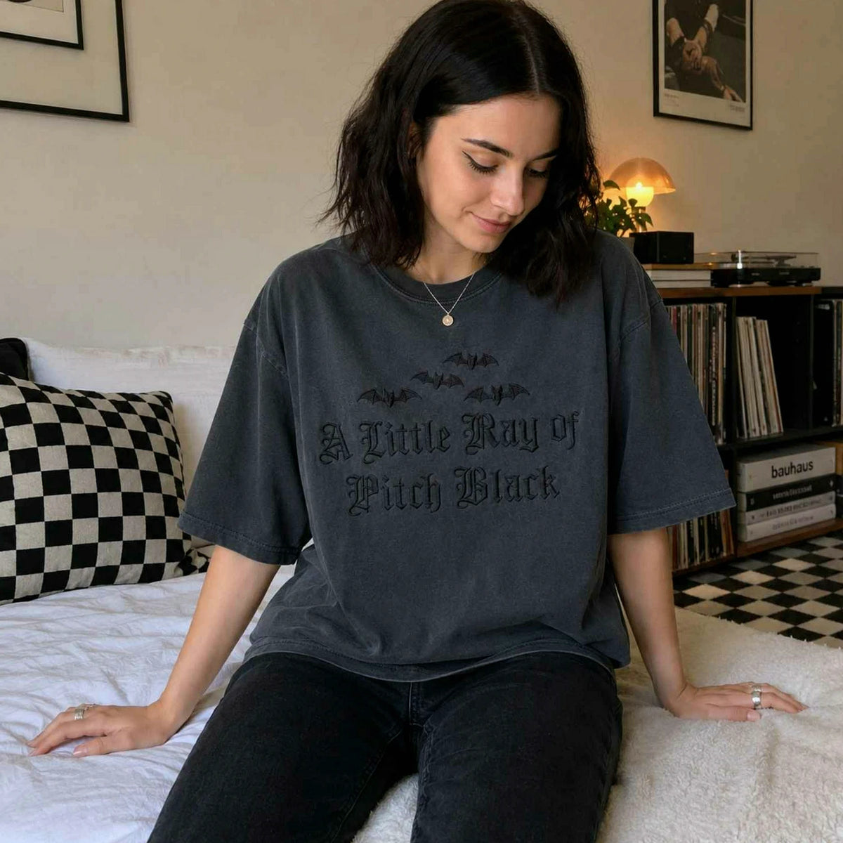 A Little Ray of Pitch Black Gothic Halloween Tee, Embroidered Spooky Season T-Shirt, Funny Halloween Gift