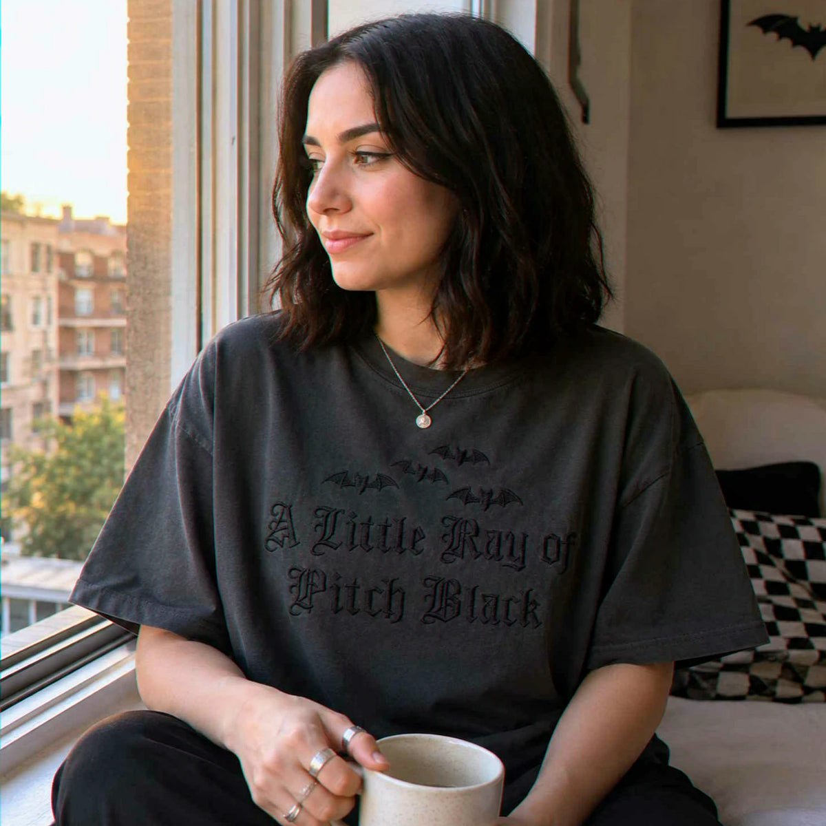 A Little Ray of Pitch Black Gothic Halloween Tee, Embroidered Spooky Season T-Shirt, Funny Halloween Gift