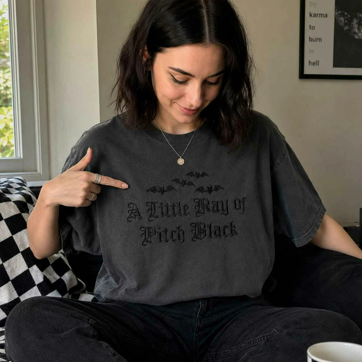 A Little Ray of Pitch Black Gothic Halloween Tee, Embroidered Spooky Season T-Shirt, Funny Halloween Gift