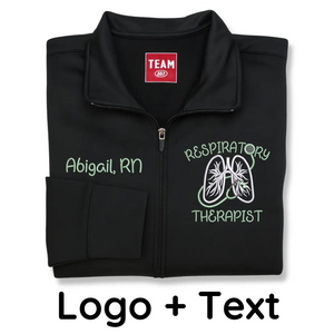 Custom embroidered respiratory therapist jacket with name and title
