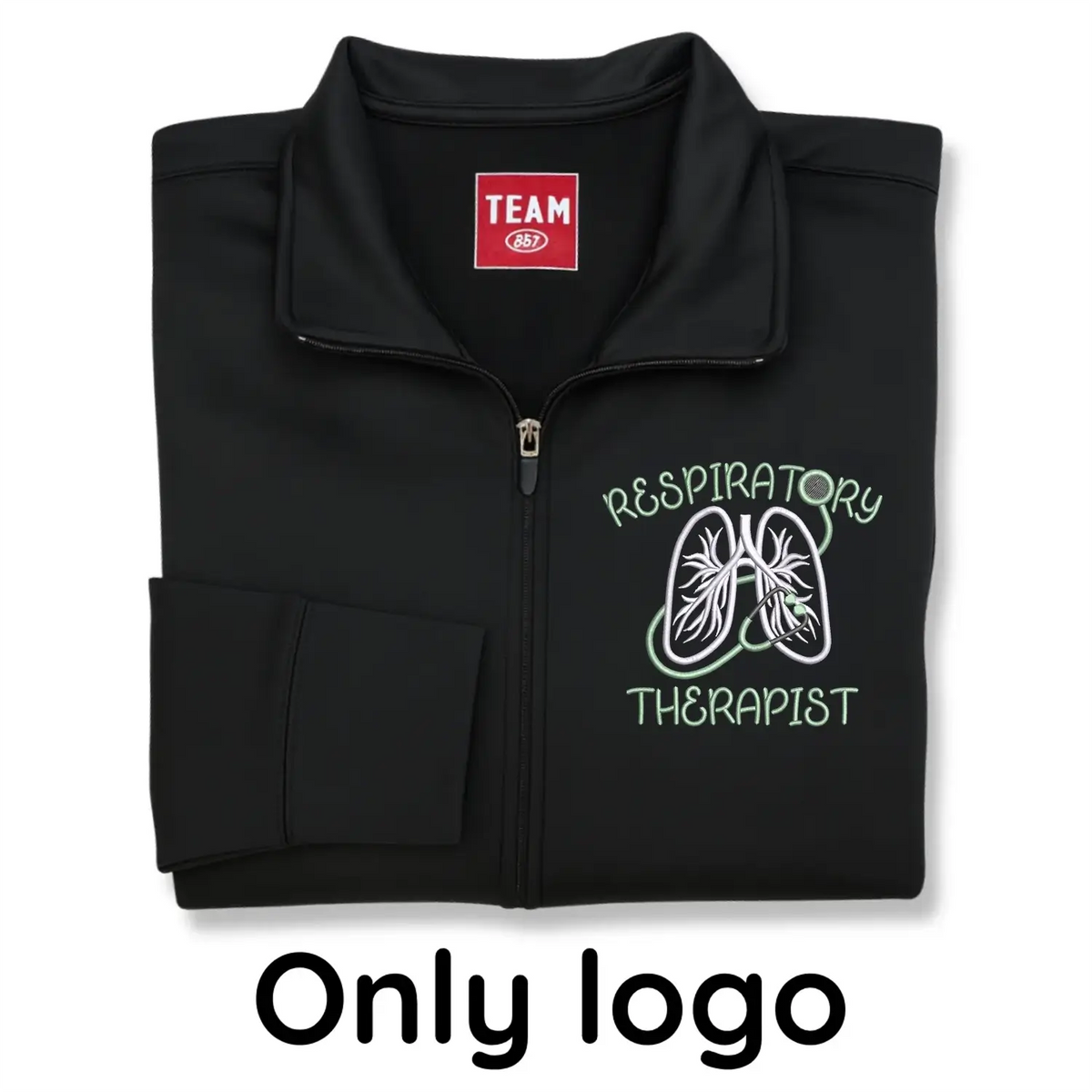 Custom embroidered respiratory therapist jacket with name and title
