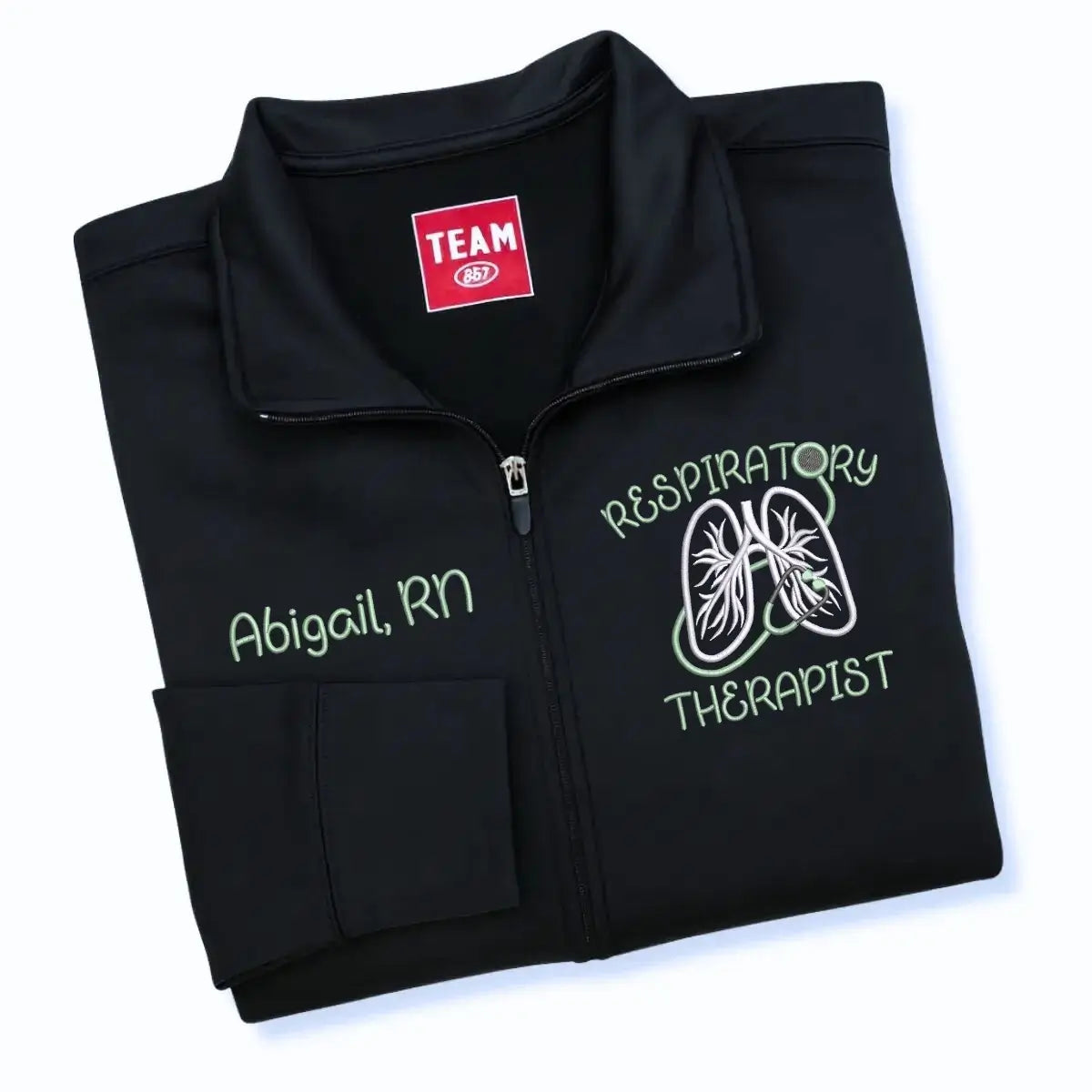 Custom embroidered respiratory therapist jacket with name and title
