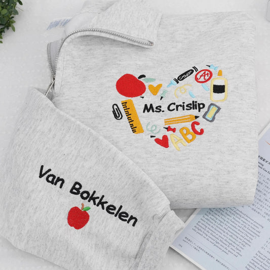 Custom Teacher Name Pullover, Retro Teacher Embroidery Quater Zip - Daycare, Coworker Appreciation Week Gift