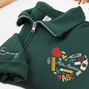 Custom Teacher Name Pullover, Retro Teacher Embroidery Quater Zip - Daycare, Coworker Appreciation Week Gift