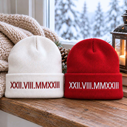 White and red embroidered Roman numeral winter beanies, gift for him and her
