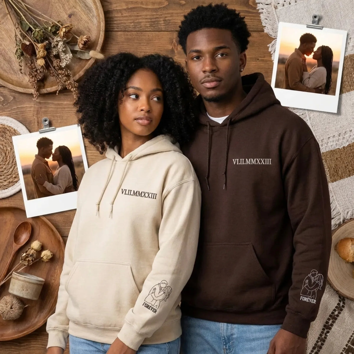 Custom Anniversary Gift for Couple with Embroidered Roman Numeral and Portrait Photo on Sweatshirt or Hoodie