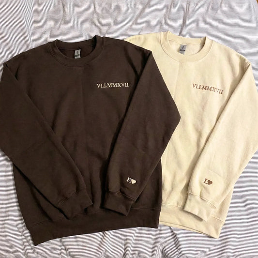 Custom Embroidered Roman Numeral Date Sweatshirt, Hoodie Personalized Date Anniversary Year Wedding Gifts
