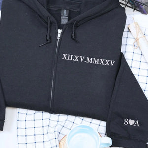 Custom Embroidered Roman Numerals Quarter Zip Sweatshirt with Initials on Sleeve, Personalized Wedding Gift