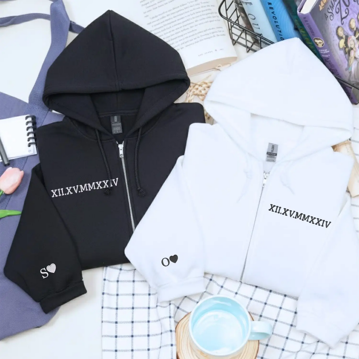 Custom Embroidered Roman Numerals Quarter Zip Sweatshirt with Initials on Sleeve, Personalized Wedding Gift