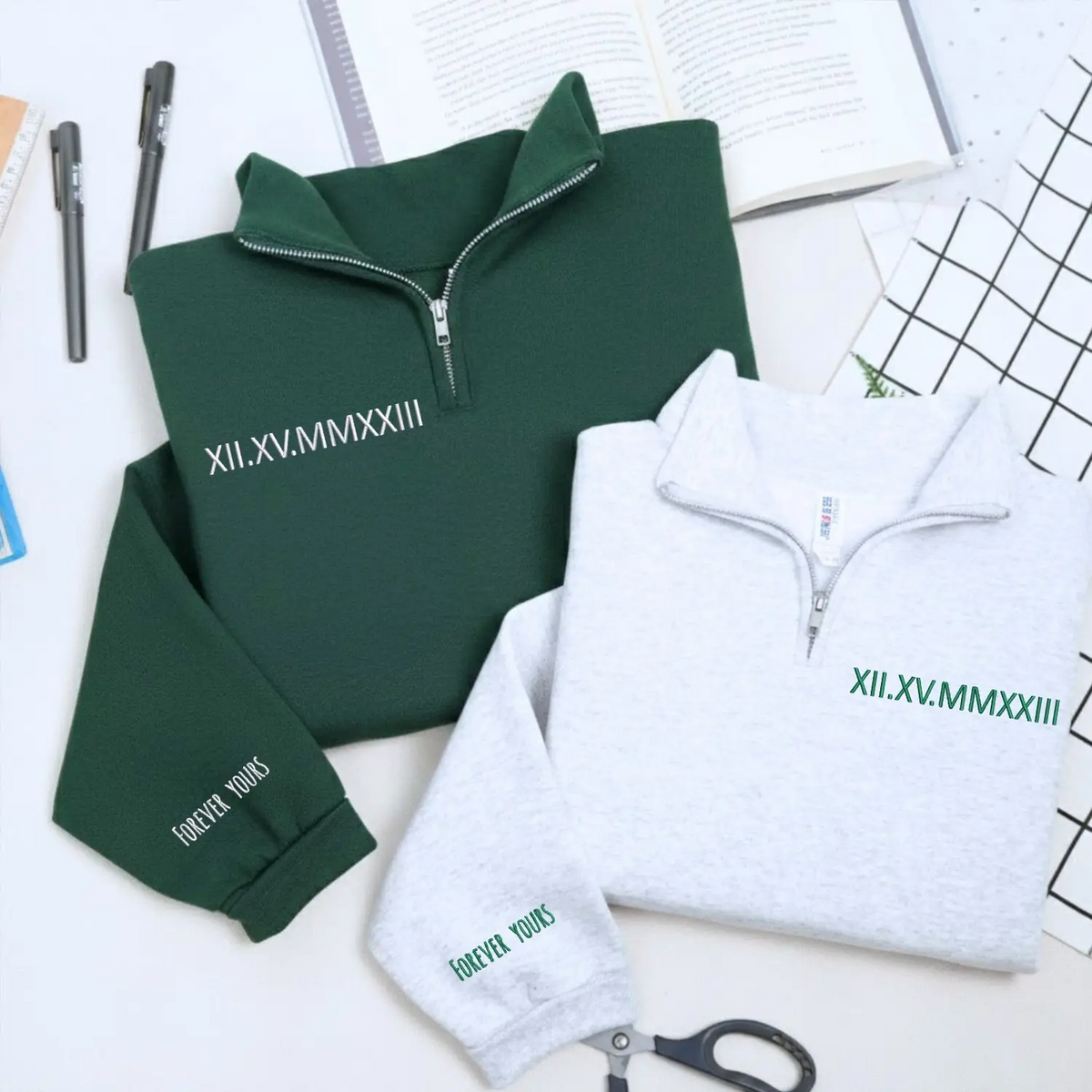 Custom Embroidered Roman Numerals Quarter Zip Sweatshirt with Initials on Sleeve, Personalized Wedding Gift