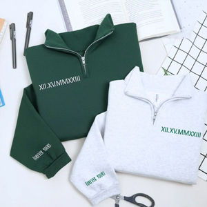 Custom Embroidered Roman Numerals Quarter Zip Sweatshirt with Initials on Sleeve, Personalized Wedding Gift
