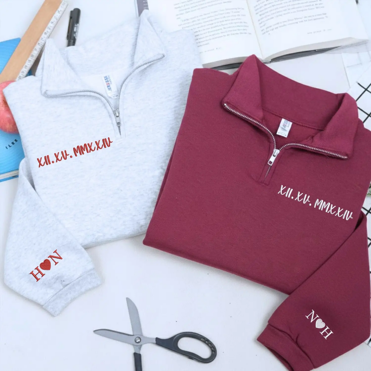 Custom Embroidered Roman Numerals Quarter Zip Sweatshirt with Initials on Sleeve, Personalized Wedding Gift