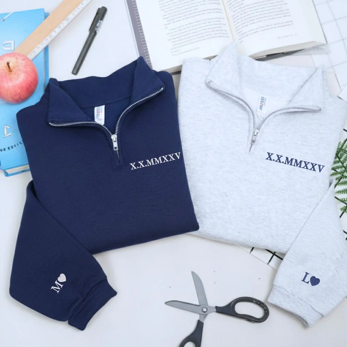 Custom Embroidered Roman Numerals Quarter Zip Sweatshirt with Initials on Sleeve, Personalized Wedding Gift