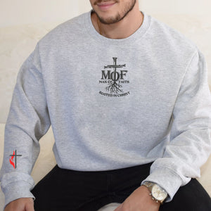 Rooted In Christ Embroidered Sweatshirt, Man Of Faith Hoodie With Custom Cross on Sleeve, Christian Hoodies For Man