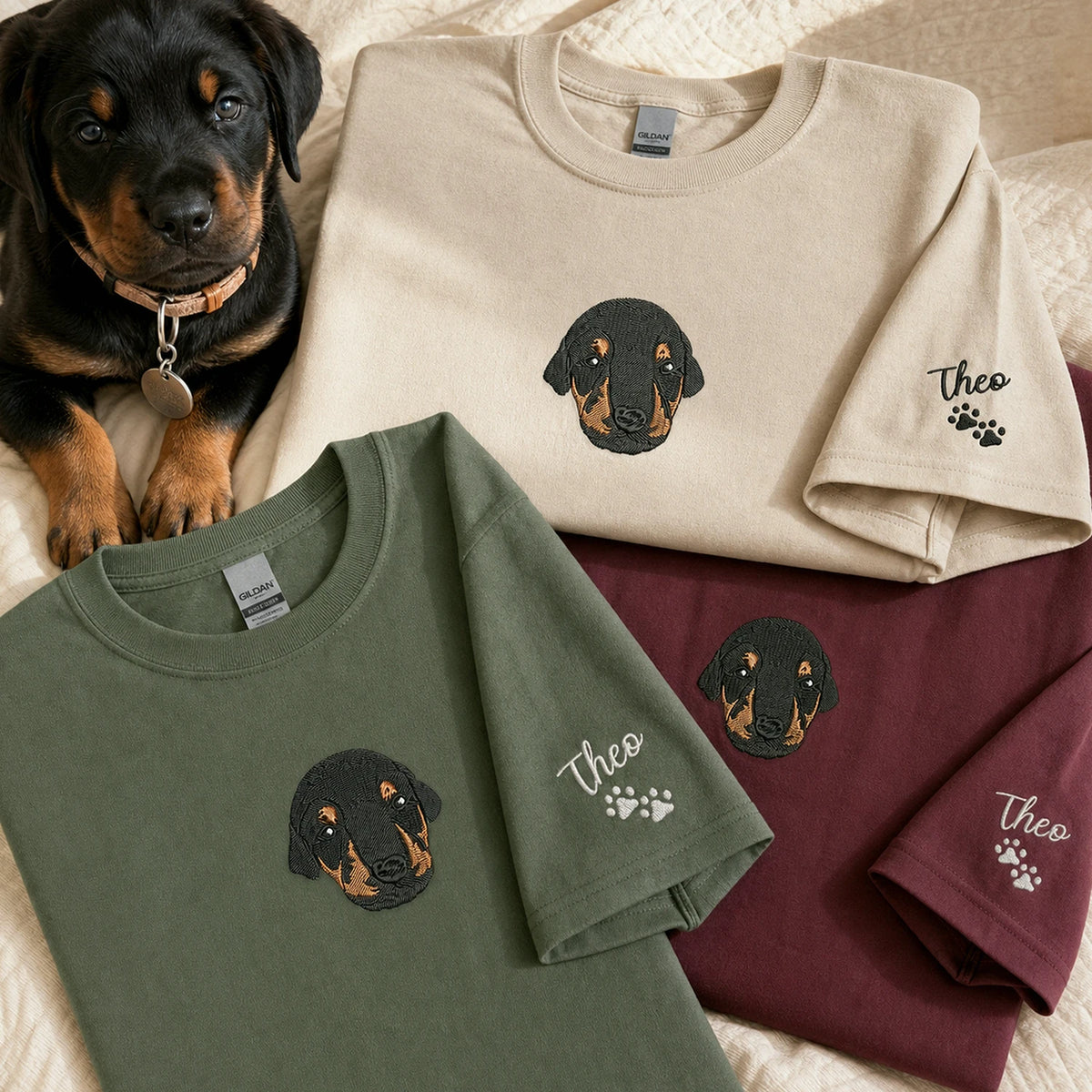 Custom Rottweiler Portrait T-Shirt for Dog Lover - Embroidered Pet Photo Full Color Pullover & Name - Dog Parent Gift