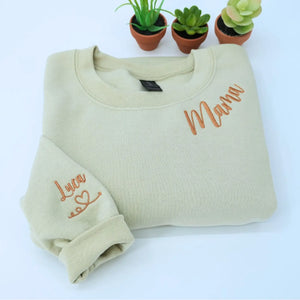 Custom Mama embroidered sweatshirt with kids names on sleeve - personalized gift for moms
