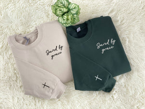 Saved by Grade Sweatshirt, Faith Sweatshirt Embroidered, Custom Cross on Sleeve, Christian Bible Verse Crewneck