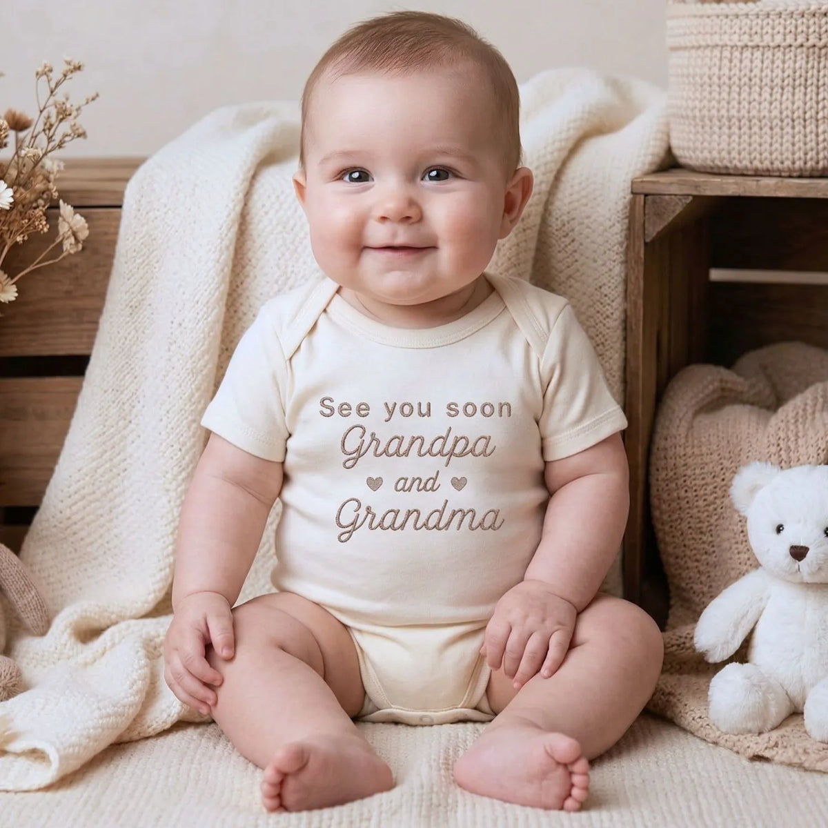 See You Soon Grandma and Grandpa embroidered baby onesie for pregnancy announcement newborn outfit