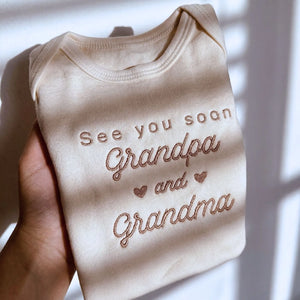 See You Soon Grandma and Grandpa embroidered baby onesie for pregnancy announcement newborn outfit