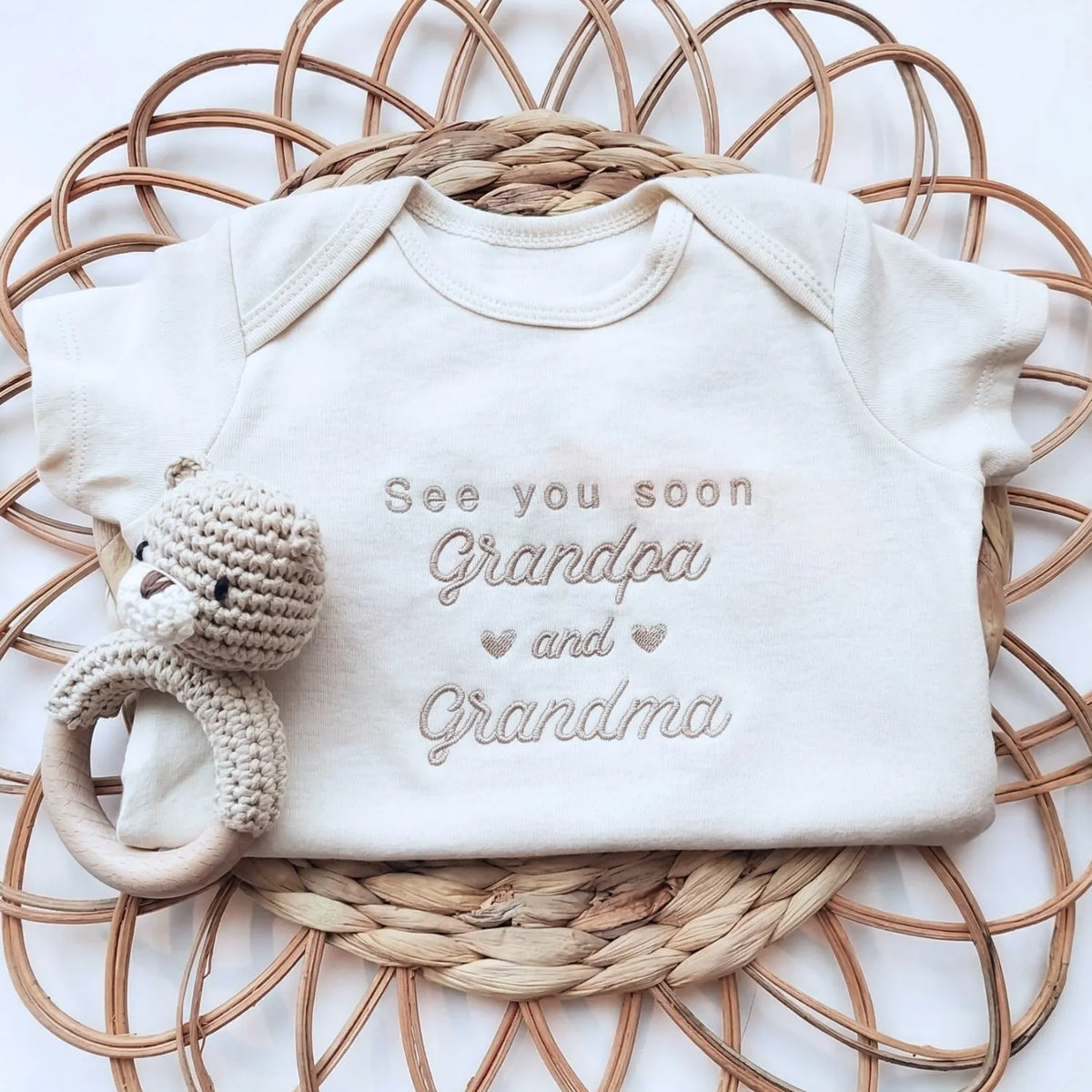 See You Soon Grandma and Grandpa embroidered baby onesie for pregnancy announcement newborn outfit