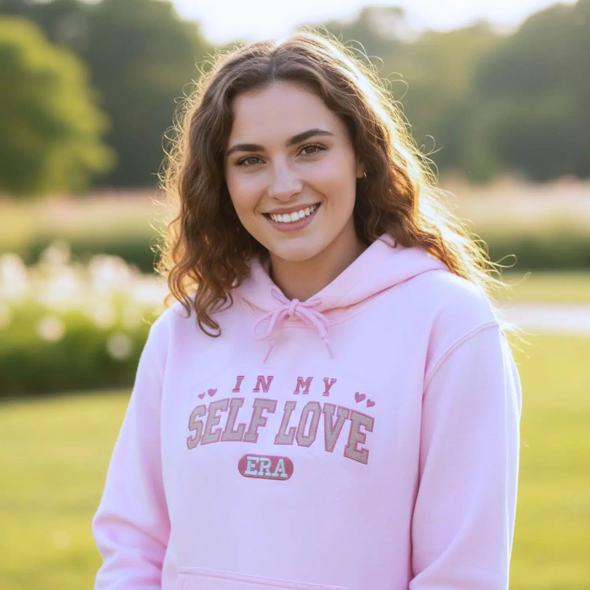 Self love embroidered sweatshirt with custom text on sleeve, cozy personalized Valentine’s gift for yourself