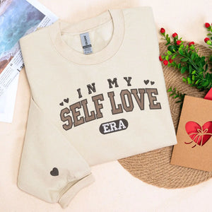 Self love embroidered sweatshirt with custom text on sleeve, cozy personalized Valentine’s gift for yourself