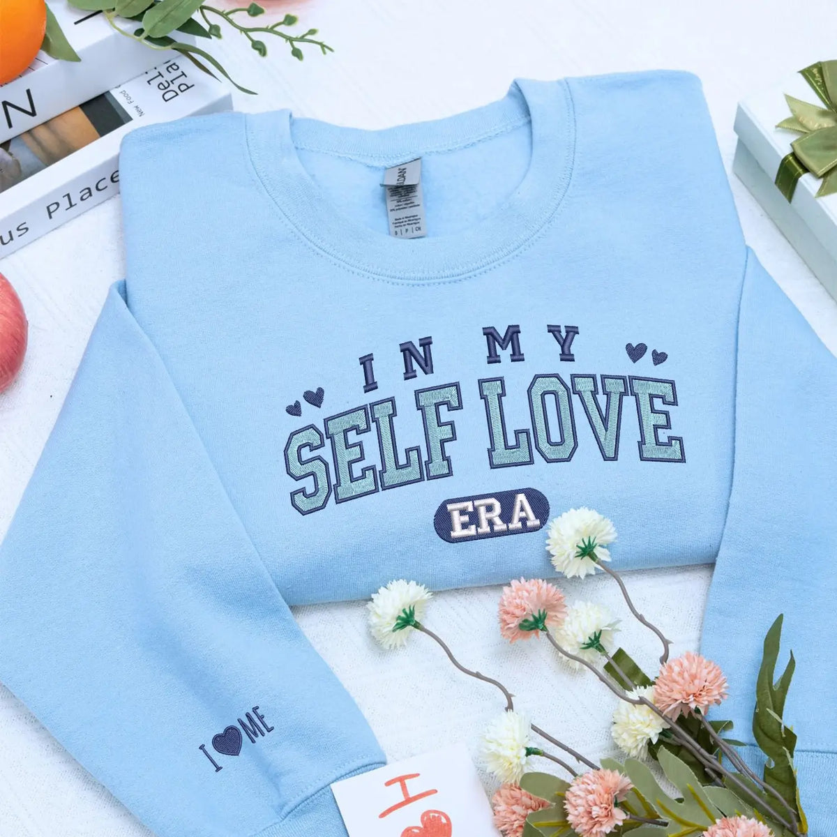 Self love embroidered sweatshirt with custom text on sleeve, cozy personalized Valentine’s gift for yourself