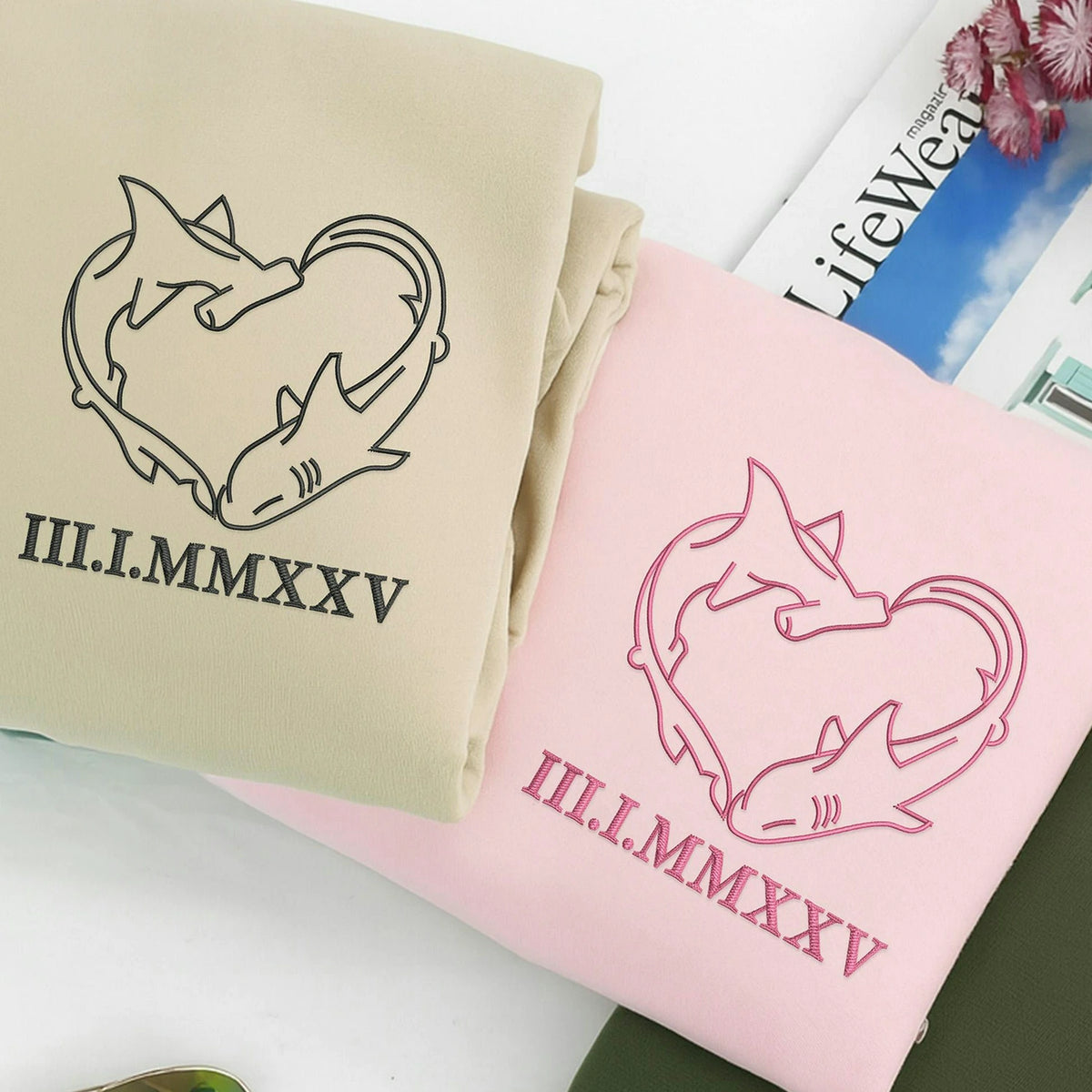 Embroidered Shark Heart Matching Sweatshirt - Personalized Roman Numerals, 1st Date Anniversary Gift