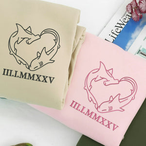 Embroidered Shark Heart Matching Sweatshirt - Personalized Roman Numerals, 1st Date Anniversary Gift