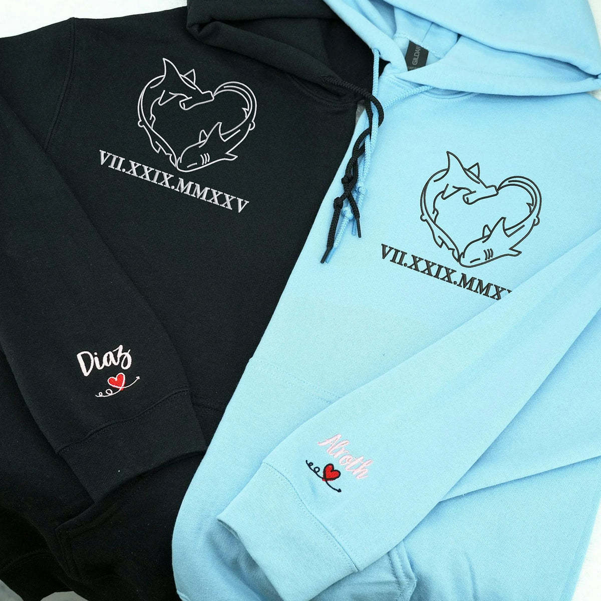 Embroidered Shark Heart Matching Sweatshirt - Personalized Roman Numerals, 1st Date Anniversary Gift