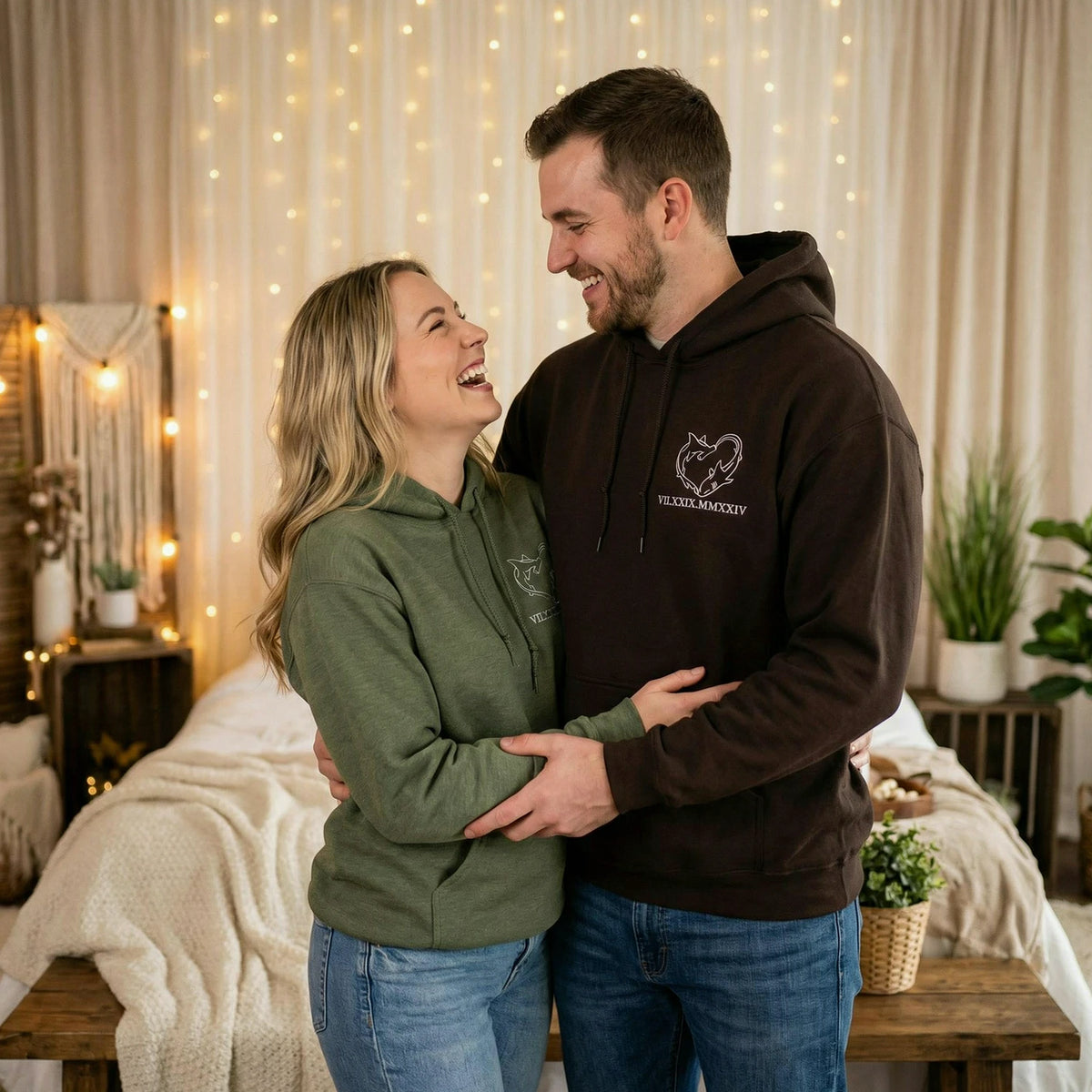 Embroidered Shark Heart Matching Sweatshirt - Personalized Roman Numerals, 1st Date Anniversary Gift