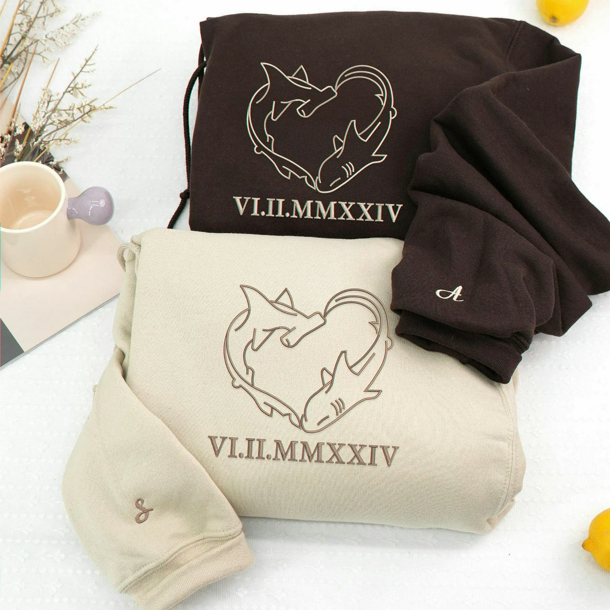 Embroidered Shark Heart Matching Sweatshirt - Personalized Roman Numerals, 1st Date Anniversary Gift