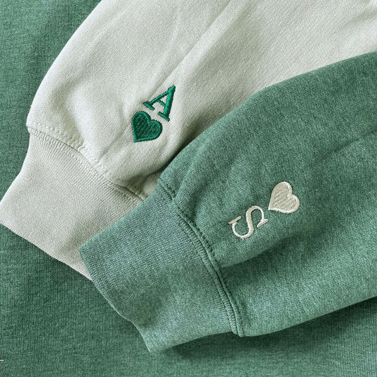 Custom Embroidered Initial Heart Sweatshirt, Couple Shirt, Initial On Sleeve, Couple's Shirt, Wedding, Valentines Gift