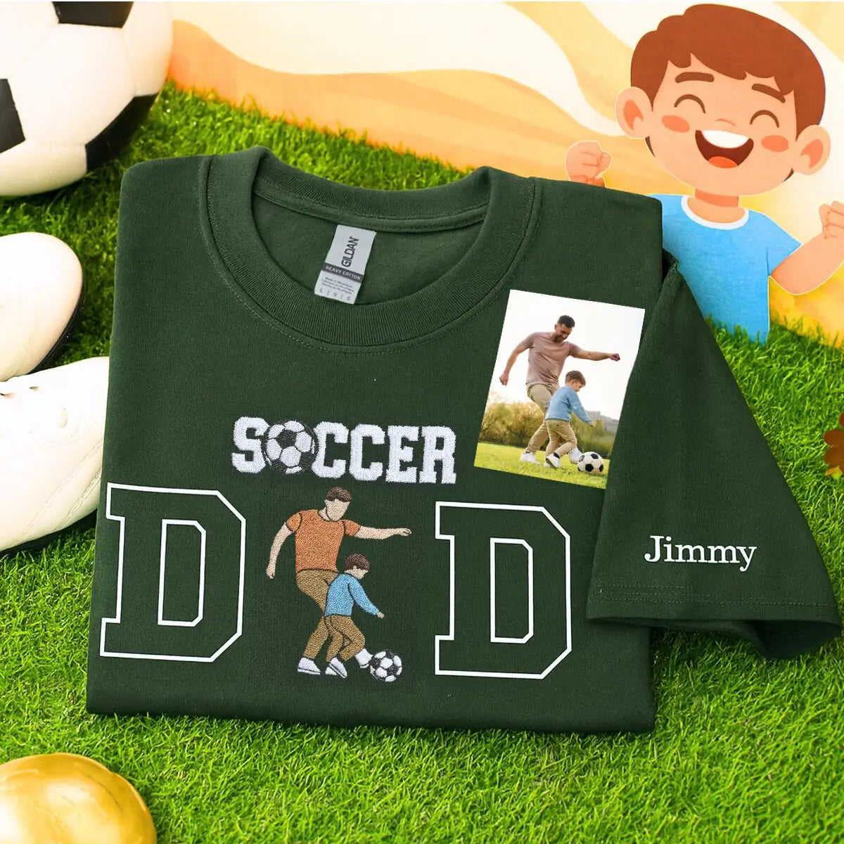 Custom embroidered soccer dad shirt with photo portrait on chest and child’s name on sleeve.