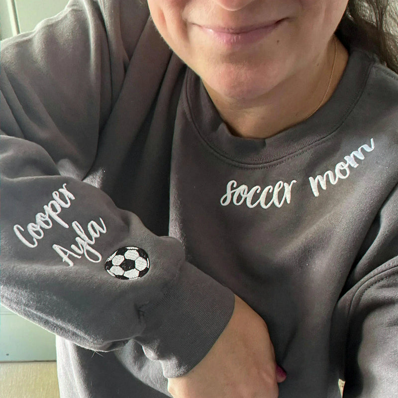 Embroidered Soccer Mom Sweatshirt - Game Day Crewneck with Personalized Kids' Names