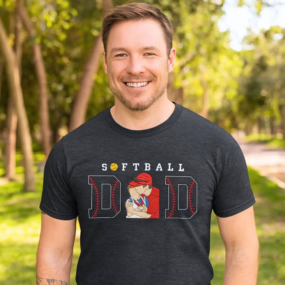 Custom embroidered softball dad shirt with kid portrait and name on sleeve – perfect Father’s Day gift