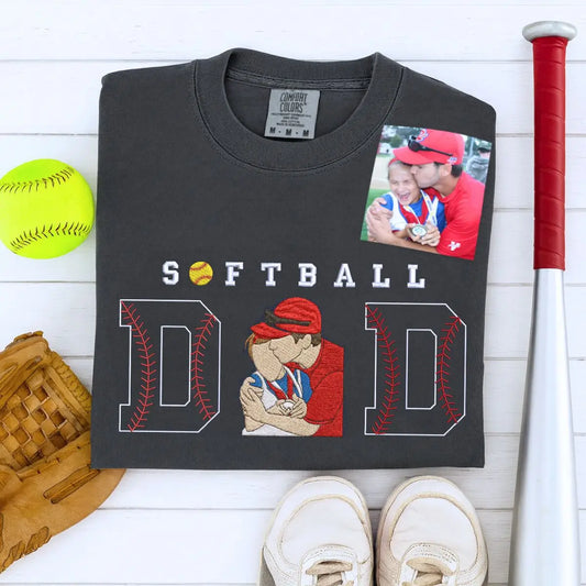 Custom embroidered softball dad shirt with kid portrait and name on sleeve – perfect Father’s Day gift