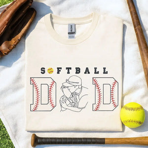 Custom embroidered softball dad shirt with kid portrait and name on sleeve – perfect Father’s Day gift
