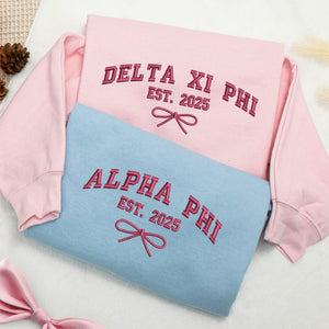 Embroidered Sorority Coquette Bow Est Hoodie for Girl's Trip - Matching Crewneck Besties Gift
