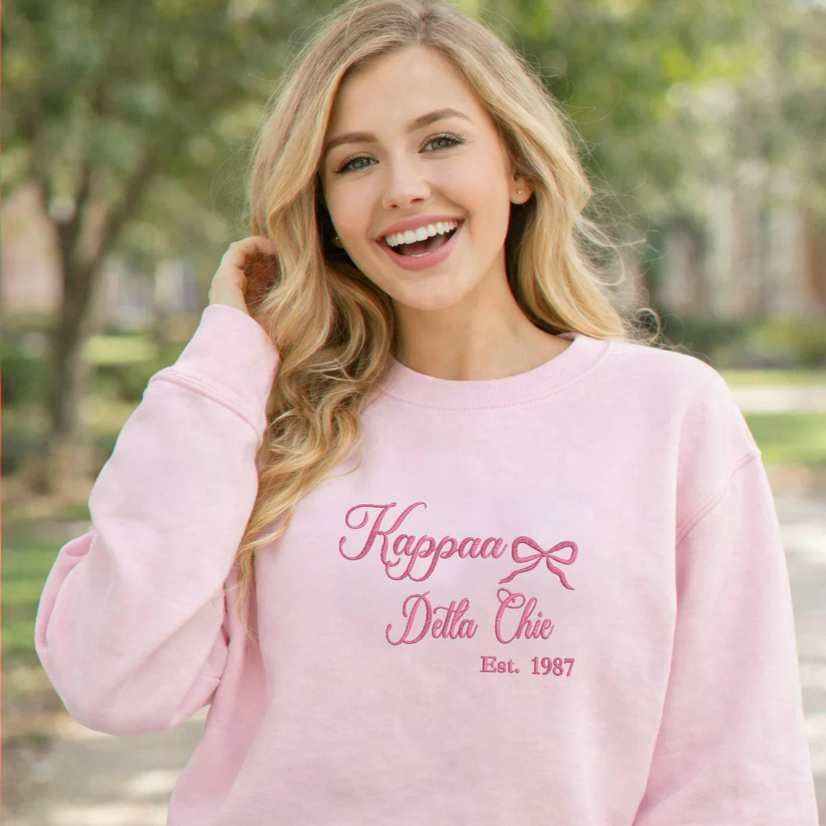 Embroidered College Coquette Style Sweatshirt - Personalized Est, Sorority Rush Gifts