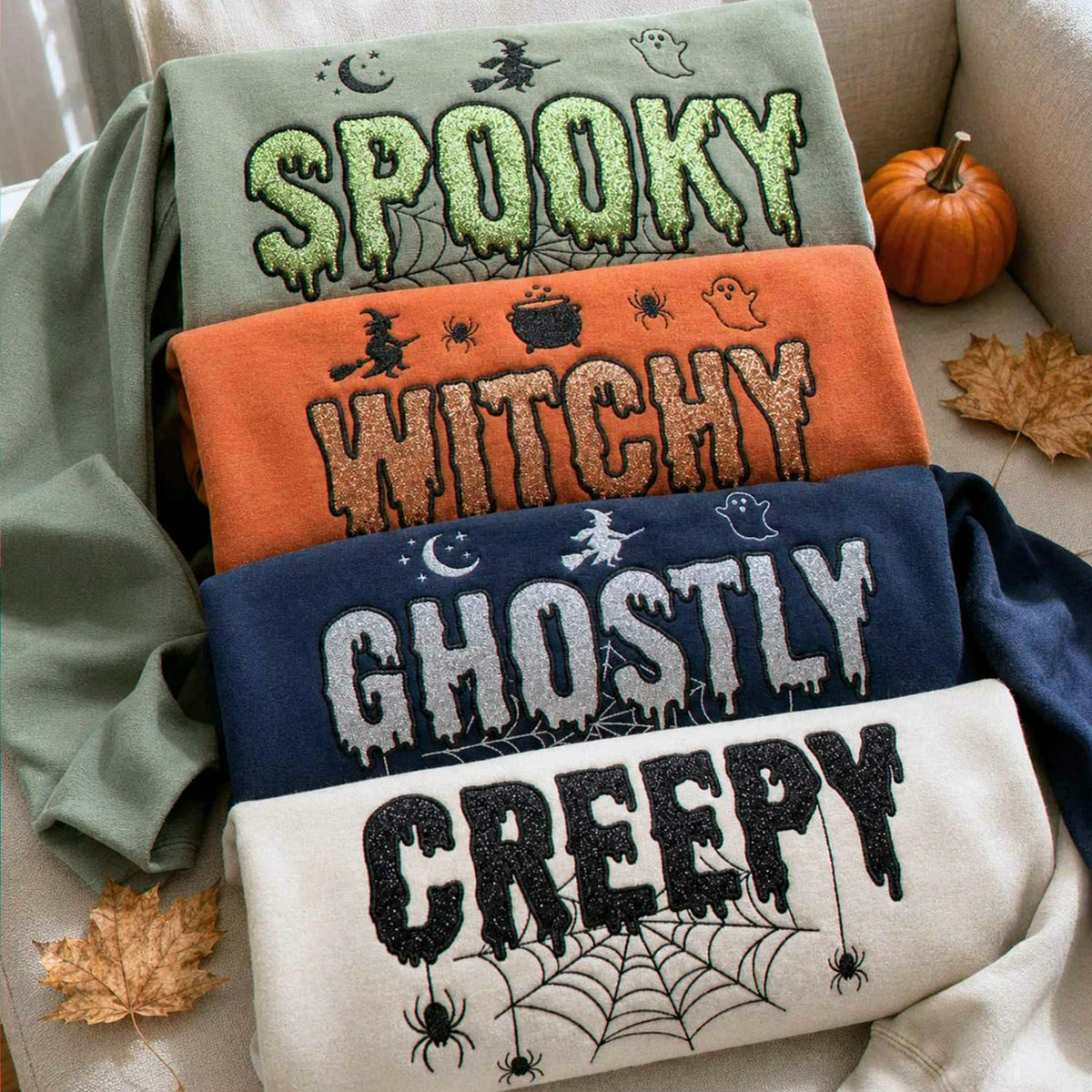 Spooky Witchy Glitter Halloween Sweatshirt, Embroidered Applique Ghostly Creepy Crewneck, Spooky Season Gift