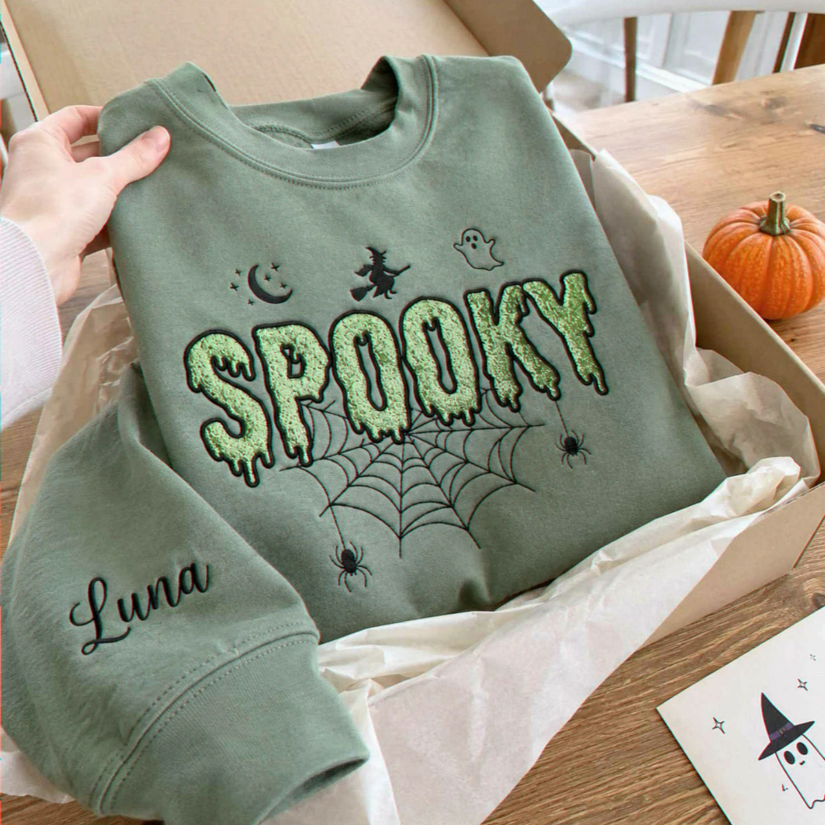 Spooky Witchy Glitter Halloween Sweatshirt, Embroidered Applique Ghostly Creepy Crewneck, Spooky Season Gift
