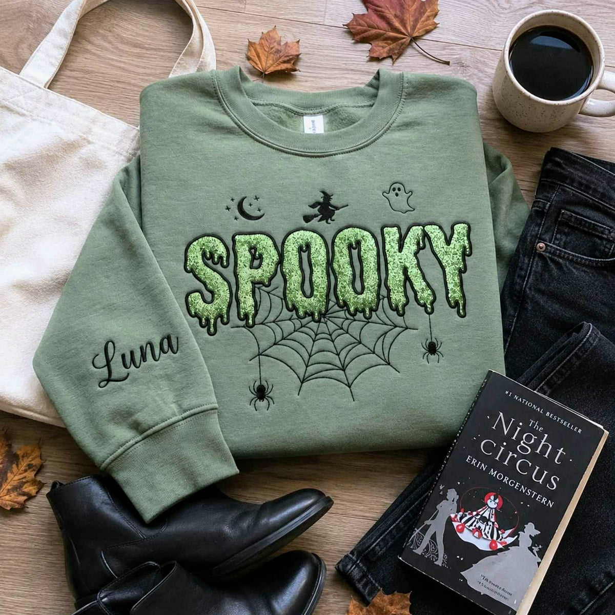 Spooky Witchy Glitter Halloween Sweatshirt, Embroidered Applique Ghostly Creepy Crewneck, Spooky Season Gift