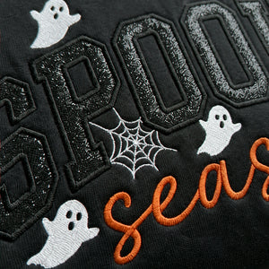 Spooky Season Glitter Applique Kids Sweatshirt - Embroidered Halloween Black Cat & Bat Sweater, Autumn Gift