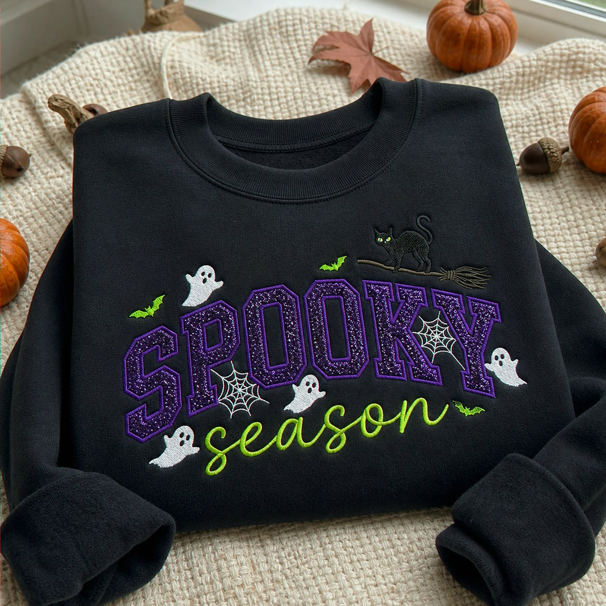 Spooky Season Glitter Applique Kids Sweatshirt - Embroidered Halloween Black Cat & Bat Sweater, Autumn Gift